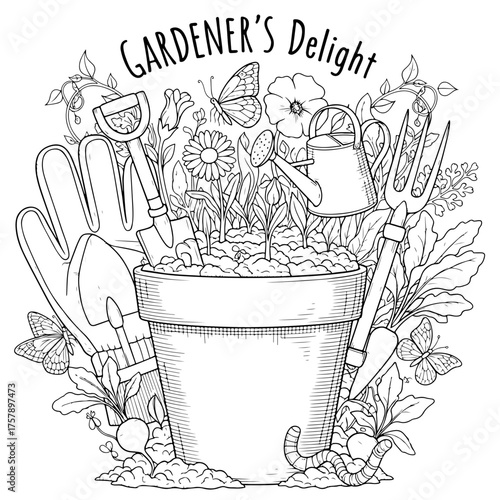 Enchanting Gardener's Delight Line Art Featuring Blooming Flowers, Gardening Tools and Butterflies for Adult Coloring Books and Creative Garden Projects