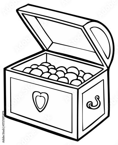 Open pirate treasure chest full of golden coins or gems, line art illustration drawing for coloring book