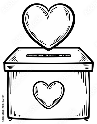 Hand drawn charity donation box with heart symbols simple line art love and giving concept