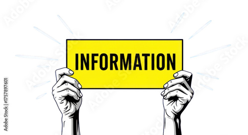 Hands holding yellow information sign isolated on transparent background, concept of data sharing