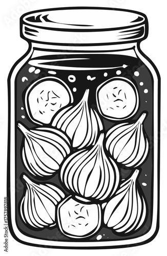 Pickled pearl onions and cucumber slices in a glass jar, black and white illustration