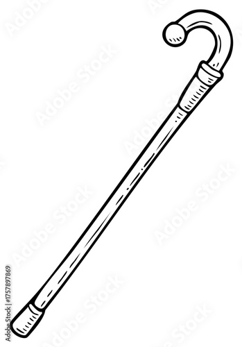 Simple black and white drawing of a traditional walking cane with a curved handle design for support and assistance