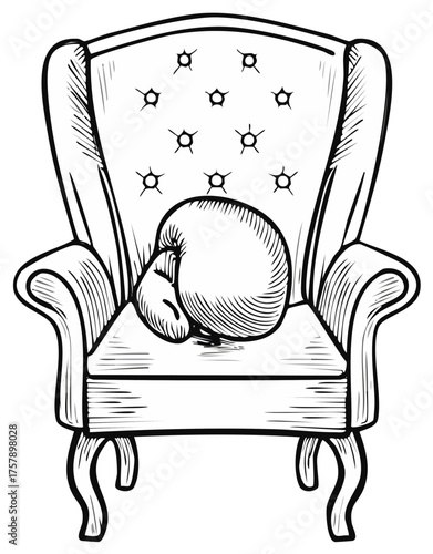 Classic armchair with a boxing glove on the seat in vintage line art style