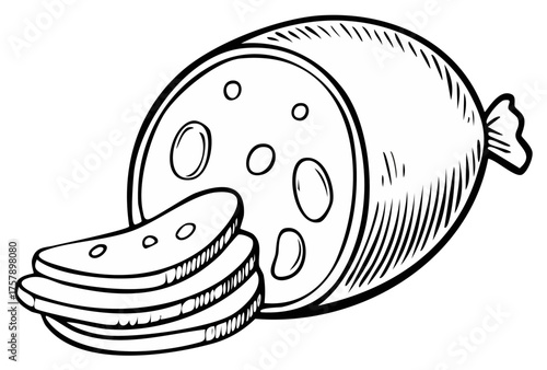 Black and white cartoon drawing of a sliced bologna sausage loaf with cut deli meat pieces