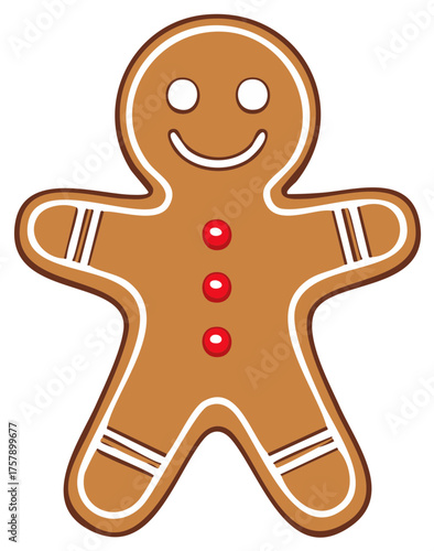 Traditional happy gingerbread man cookie with white frosting details and cheerful red candy buttons