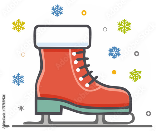 Vibrant red ice skate illustration surrounded by colorful snowflakes representing winter sports and chilly weather