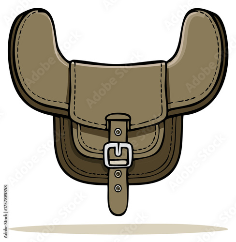 Brown leather saddlebag with buckle and strap, vintage style illustration