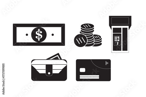 Modified Black Finance Icons Pack – Monochrome Dollar, Coin, ATM, Wallet, Credit Card Vector Set