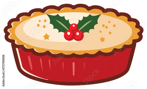 Festive Christmas mince pie or holiday tart with holly and berry decoration vector illustration
