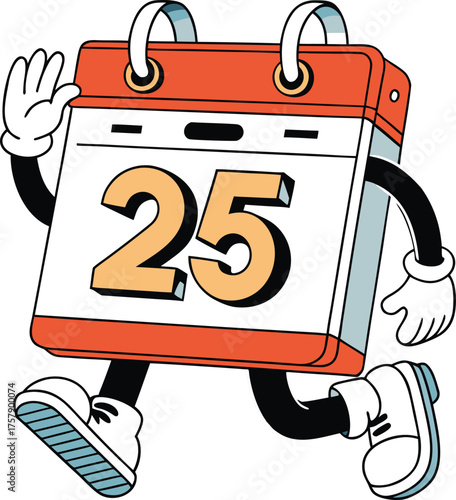 Cartoon calendar character with number 25 running waving isolated on transparent background