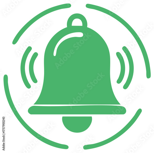 Green bell with ringing symbol vector illustration. Notification icon for alerts and reminders.
