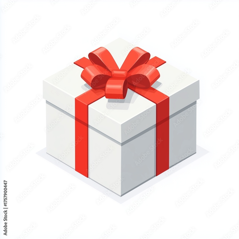 Obraz premium Isometric vector illustration of a simple white gift box with a red ribbon and bow on a clean white background