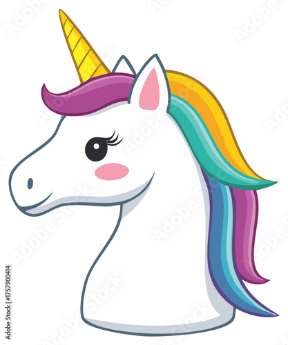 Whimsical cartoon unicorn head with colorful mane and golden horn