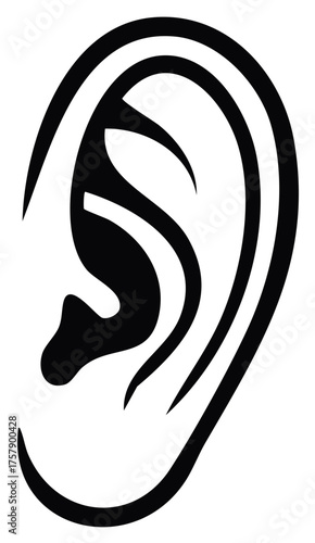 Simplified ear illustration, black on white background, concept of hearing