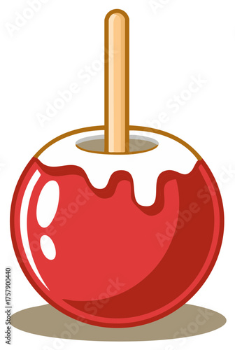 Red Candy Apple Illustration with Wooden Stick and White Glaze Drips, Sweet Dessert