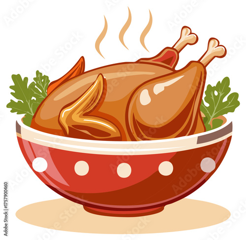 Delicious steaming whole roasted chicken served in a festive polka dot bowl with garnish