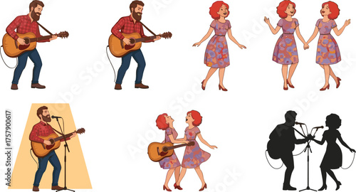 Six Cartoon Scenes of Guitarist and Singing Duo in Floral Dresses, Musical Performance and Collaboration Vector Illustration for Entertainment Themes