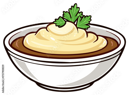 Mashed Potatoes Topped with Gravy in a White Bowl with Parsley Garnish Illustration