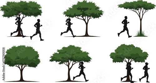 Silhouetted runners and diverse trees in motion scenes, highlighting outdoor fitness, seasonal nature, wellness, and dynamic lifestyle concepts