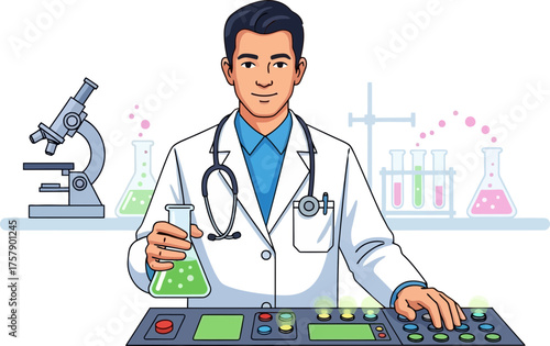 scientist pioneers progress, meticulously developing revolutionary solutions at the console