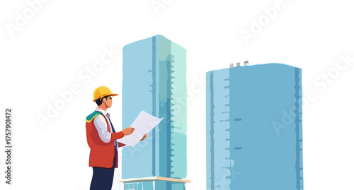 Smiling architects and engineers in hardhats stand outside a construction building and work on a blueprint in the office