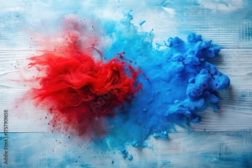 Dynamic Abstract Composition of Red and Blue Hues on a Weathered Wooden Surface