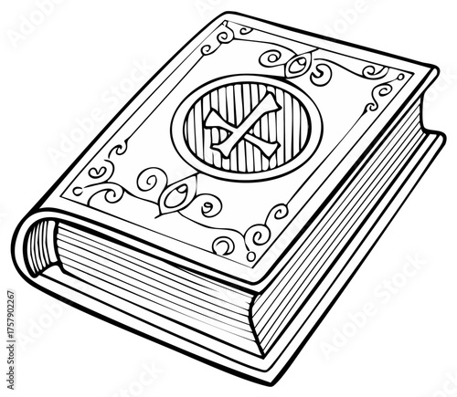 Line art illustration of a vintage book with ornate cover design and a cryptic crossed emblem
