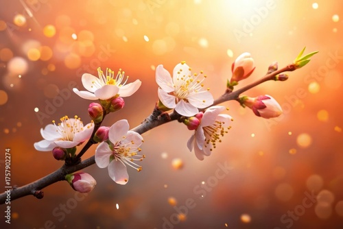 Delicate Spring Blossoms on a Branch, Illuminated by Warm Golden Sunlight, with a Gentle Breeze Scattering Petals