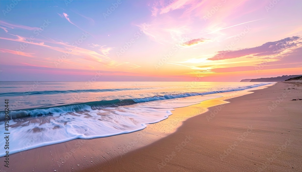 Obraz premium Serene Beach Sunrise With Soft Pink And Orange Clouds Reflecting On The Wet Sand And Gentle Ocean Waves
