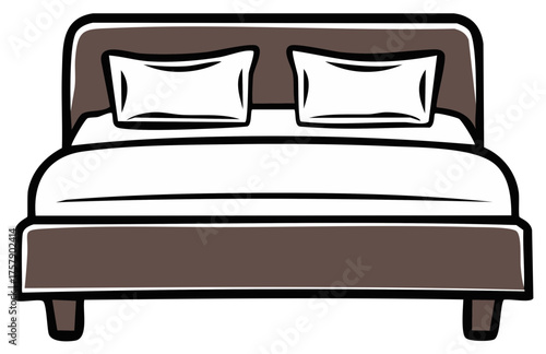 Inviting double bed illustration with pillows and white linen, comfortable sleep and bedroom furniture concept