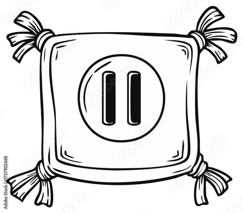 Hand drawn pause media player symbol on a square cushion with decorative tied corners