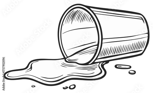 Black and white cartoon illustration of an overturned cup with spilled liquid