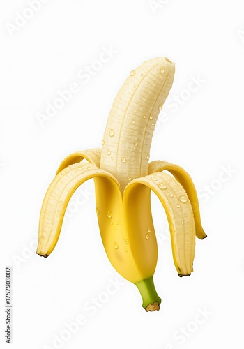 Peeled yellow banana with water droplets fruit food