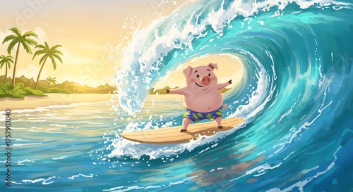 Pig surfing big ocean wave surfboard