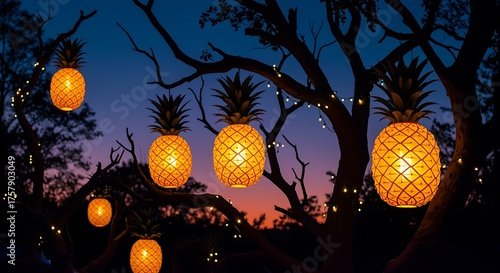 Pineapple lanterns hanging on tree branches outdoor lighting