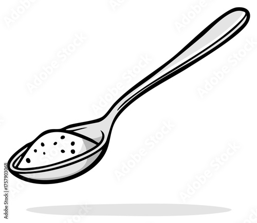 A single metal spoon filled with granulated sugar or salt with a simple artistic outline