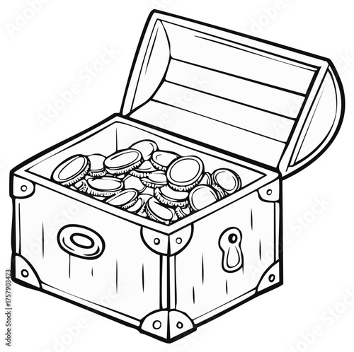 Open Treasure Chest Full of Gold Coins Illustration in Black and White Outline