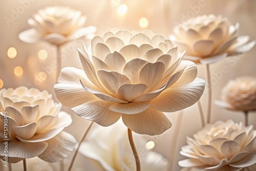 Delicate ivory blossoms, artfully arranged, bathed in soft, warm light, creating a serene and elegant floral display