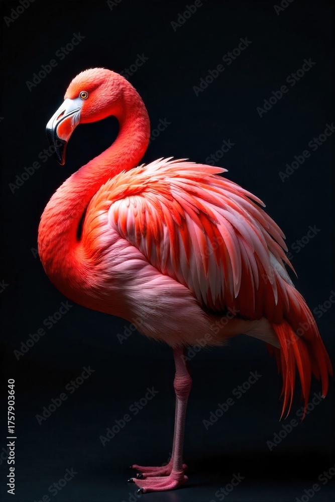 Obraz premium Flamingo with wings made of opulent, gilded feathers, a symbol of luxury. A magnificent flamingo with wings made of intricately detailed, opulent gilded feathers. The pink body contrasts with the