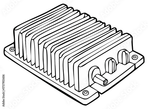 Black and white outline drawing of a power inverter electronic module with cooling fins and connectors