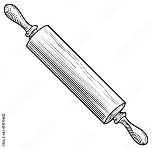 Detailed illustration of a wooden rolling pin with a classic design and textured handles