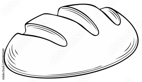 Loaf of bread black and white sketch line art, a baked staple food illustration.