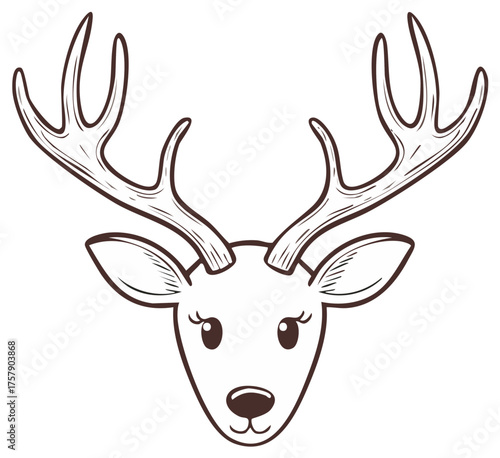 Cute deer illustration with large antlers and expressive eyes, simplified outline drawing.