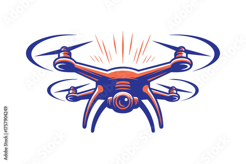 Retro Mascot Style Drone Illustration in Blue and Orange, Vibrant Quadcopter with Camera Logo Illustration, vector, illustration