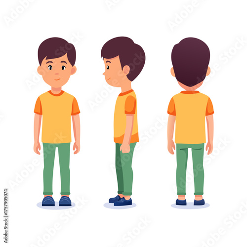 Cartoon Boy Character Design Turnaround – Front, Side, and Back View Vector Illustration