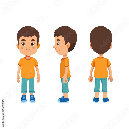 Cartoon Boy Character Design Turnaround – Front, Side, and Back View Vector Illustration