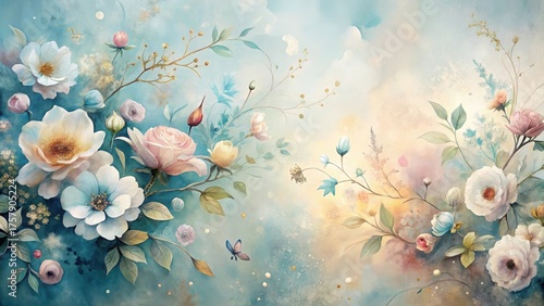 Whimsical floral arrangement with pastel roses and delicate blossoms on a soft, dreamy background, showcasing a serene and romantic atmosphere with a touch of elegance.