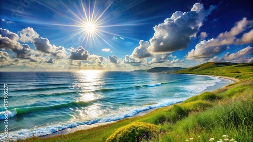Serene Coastal Vista Sunlit Ocean Waves Crashing on Sandy Shore, Lush Green Grasslands Under a Brilliant Summer Sky