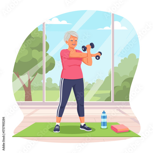 Senior woman exercising with dumbbells in home gym