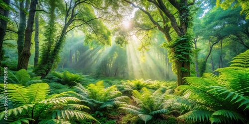 Sunbeams Illuminating a Lush, Verdant Forest Filled with Vibrant Ferns and Towering Trees